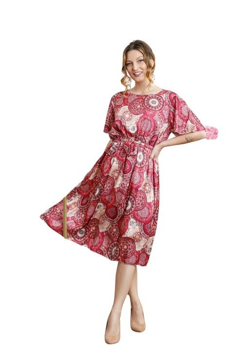 Червена рокля с щампи на мандала и волани на ръкавите, Червен, One Size