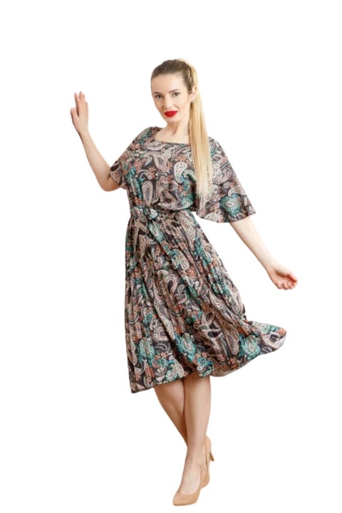 Черна сатенена плисирана рокля с щампи на мандала, Черен, One Size