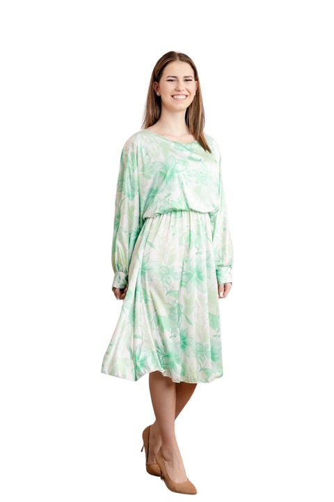 Rochie satinata cu imprimeuri florale verzi, Verde, One Size