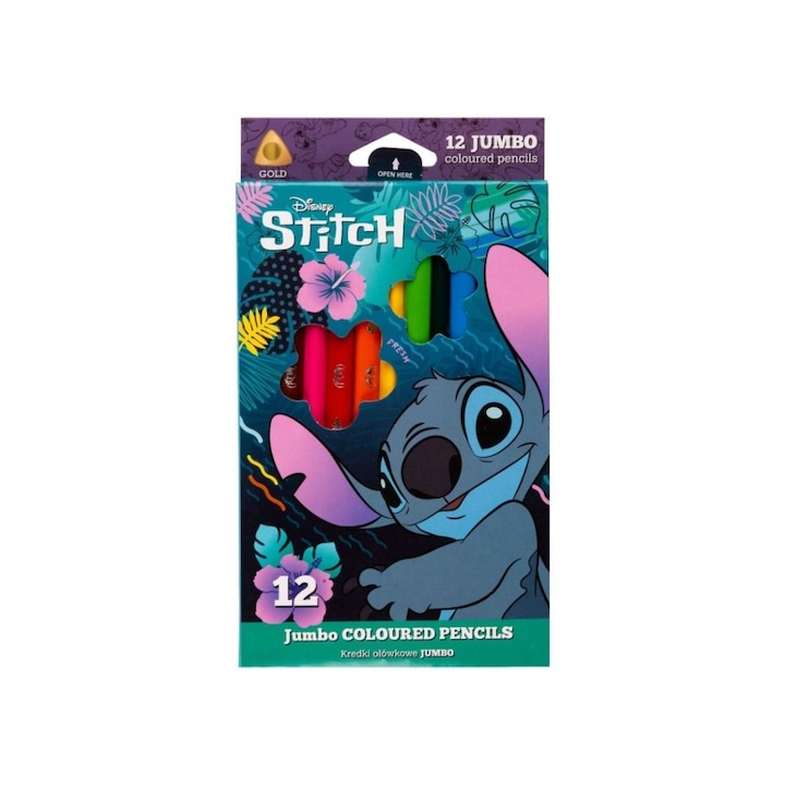 Комплект 12 цветни молива, Jumbo, Disney Stitch, 10 x 112 x 202 mm, многоцветни