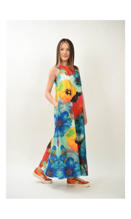 Rochie lunga fara maneci splendidozzo o pauza de culoare si confort cu buzunare practice, Multicolor, One Size