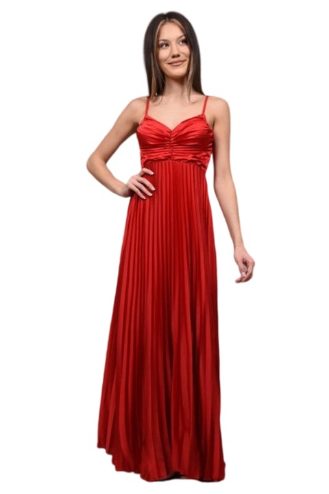 Официална дълга рокля с плисирани изрезки на гърба и розови чашки, Червен, One Size