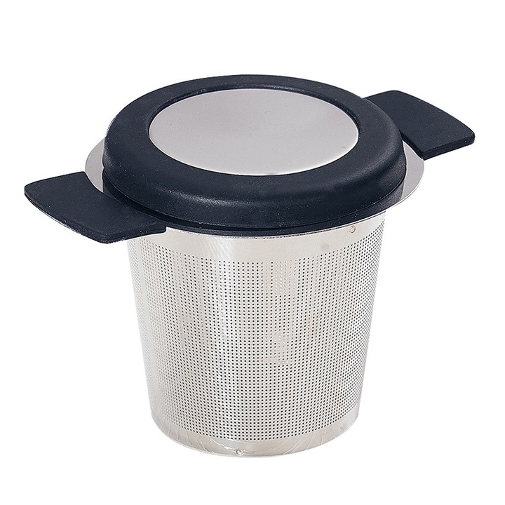 Инфузер за чай QttvbTna, неръждаема стомана и силикон, черно/сребристо, 10,24x6,4x4,85 см