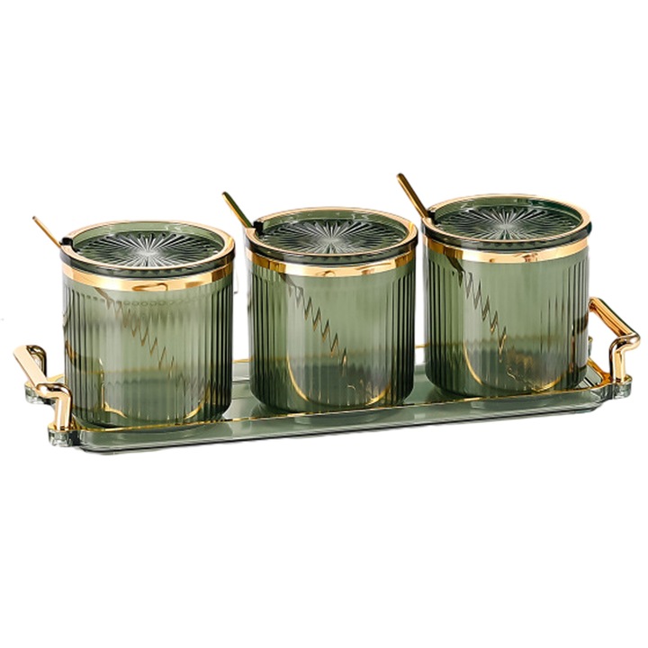 Set de 3 borcane cu capac pentru condimente cu 3 lingurite si o tava, Acril, Verde/Auriu, 8.8x8.5cm