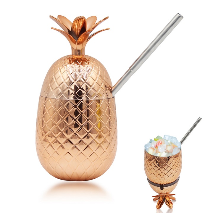 Ananász alakú üveg szalmával, QttvbTna, polipropilén / rozsdamentes acél, 450 ml, 9,52 x 19,5 cm, bronz