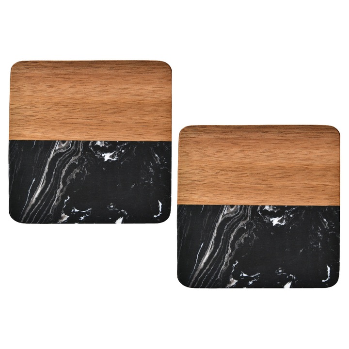 2 üvegtartó készlet, QttvbTna, márvány és fa, fekete/barna, 98x8mm