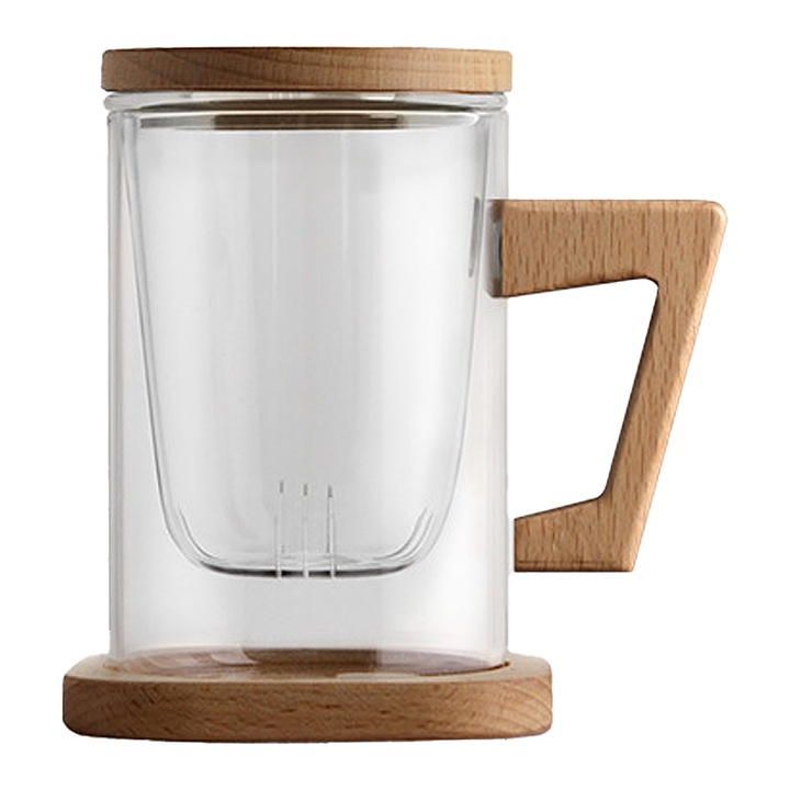 Cana infuzor ceai, QttvbTna, sticla borosilicata, maner lemn