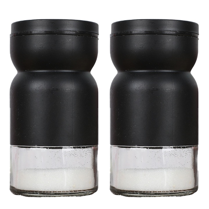 Sticla condimentara din otel inoxidabil, set de 2, cu fund din sticla transparenta, negru, pentru sare si piper