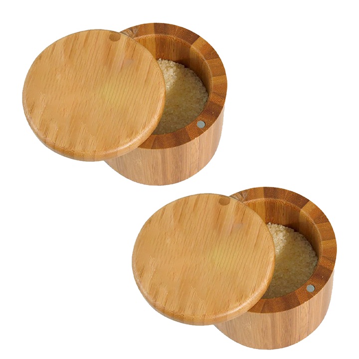 Cutie de sare din bambus, cu capac rotativ magnetic, set 2 bucati, pentru condimente, 10x10x10cm