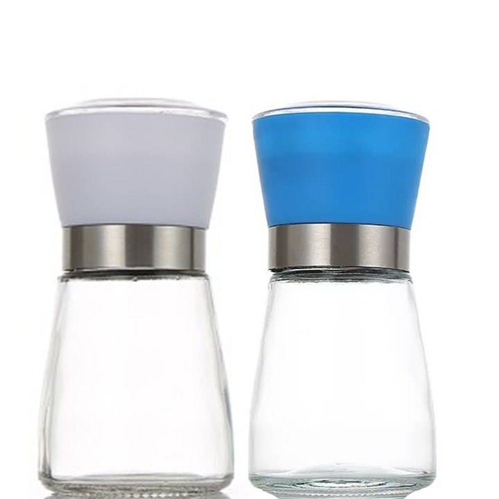 Set de rasnite pentru sare si piper, inox, capac alb si capac albastru, 180ml fiecare