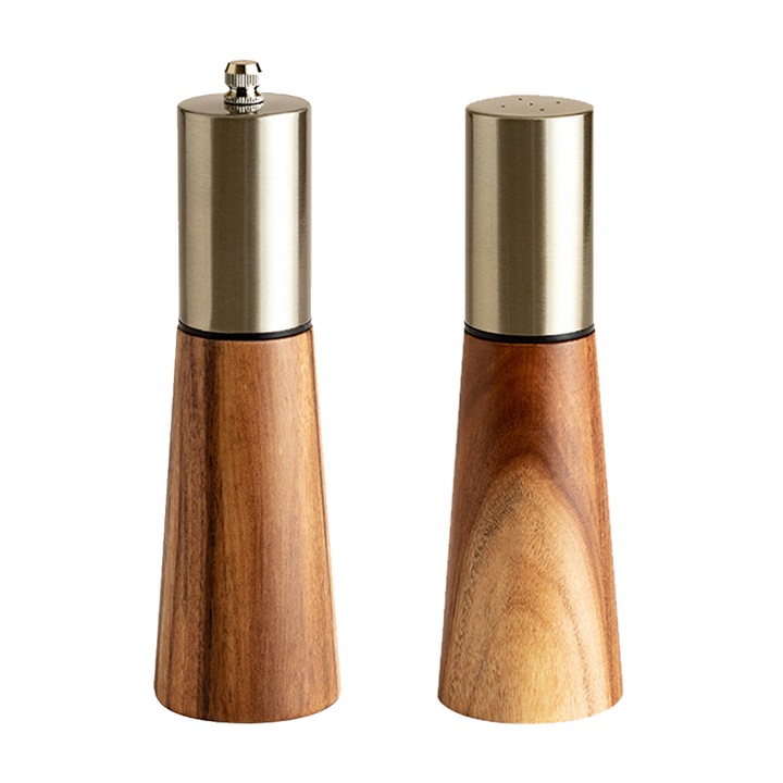 Set 2 rasnite de sare si piper, inox, grosime ajustabila, 55x55x173mm, maro/auriu