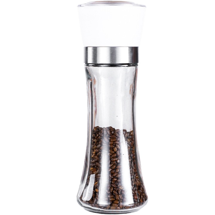 Set de rasnite pentru sare si piper din sticla si otel inoxidabil, alb, 2 bucati