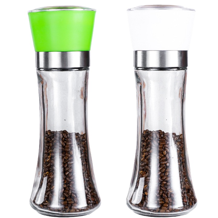 Set de rasnite de piper si sare din sticla si otel inoxidabil, 1pcs verde inalt, 1pcs alb inalt