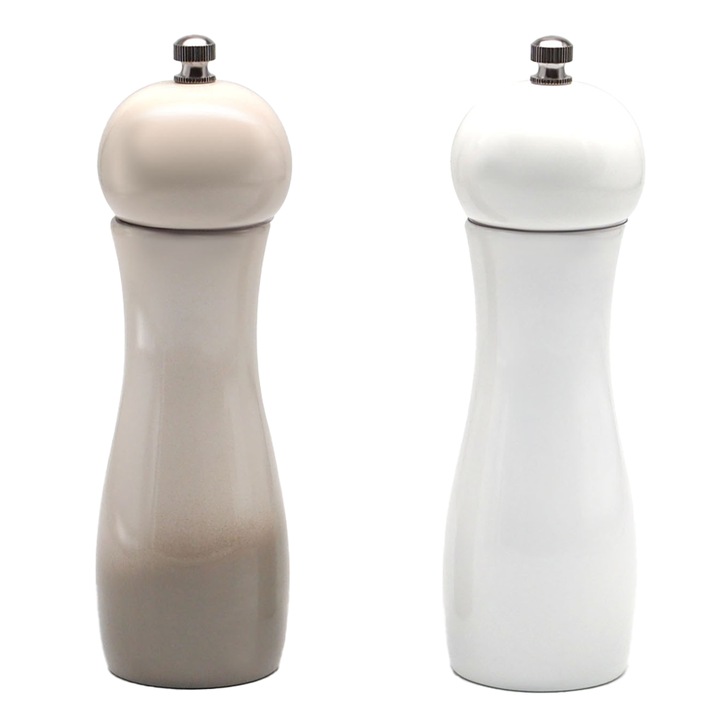 Set rasnite piper si sare din lemn de fag, finisaj mat negru si alb, mecanism din otel, ajustare fina a macinarii