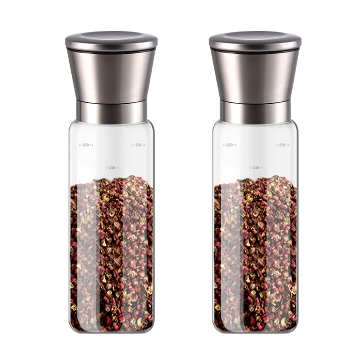 Set rasnite de sare si piper, sticla borosilicata, capac din otel inoxidabil, ajustabil, 300ml