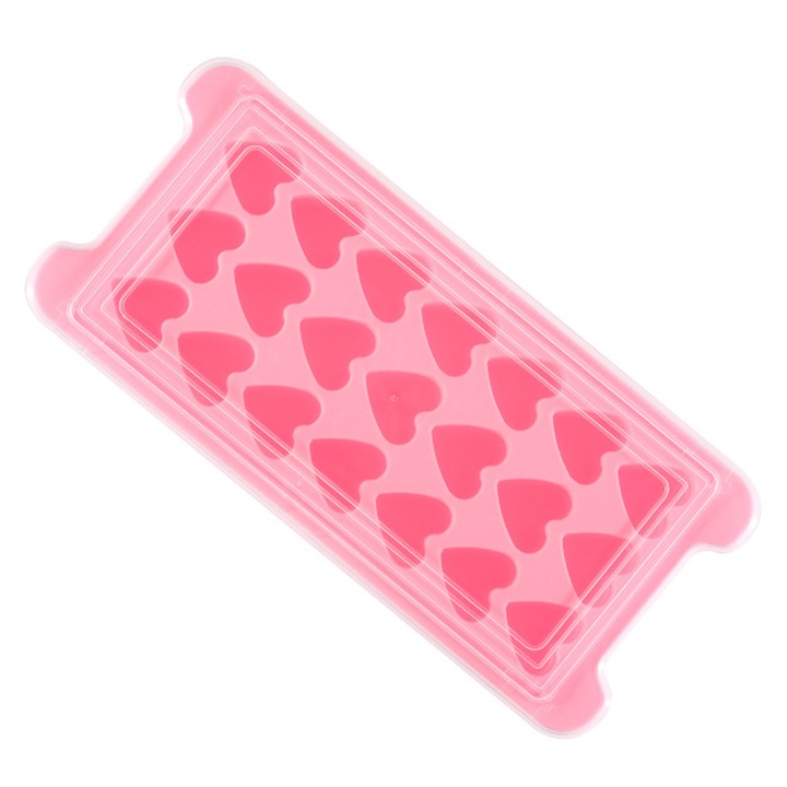 Szilikon jégkocka forma, szív, 21 üreges, rózsaszín, 28x13,5 cm