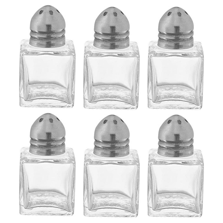 Set dozatoare sare si piper, sticla, capac inox, 15ml, 4.5x4.5x4.5cm, transparent