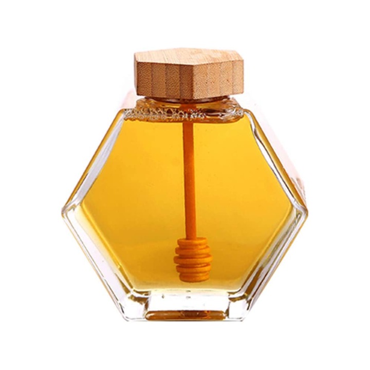 Hatszögletű mézes tégely kanállal, hőálló üveg, 220ml, elegáns kivitel, ideális konyhába