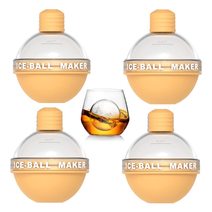 4 darabos jéggömb készítő csomag, whisky forma, szilikon jégkockatálca, gömb alakú forma whiskyhez és koktélokhoz, sárga