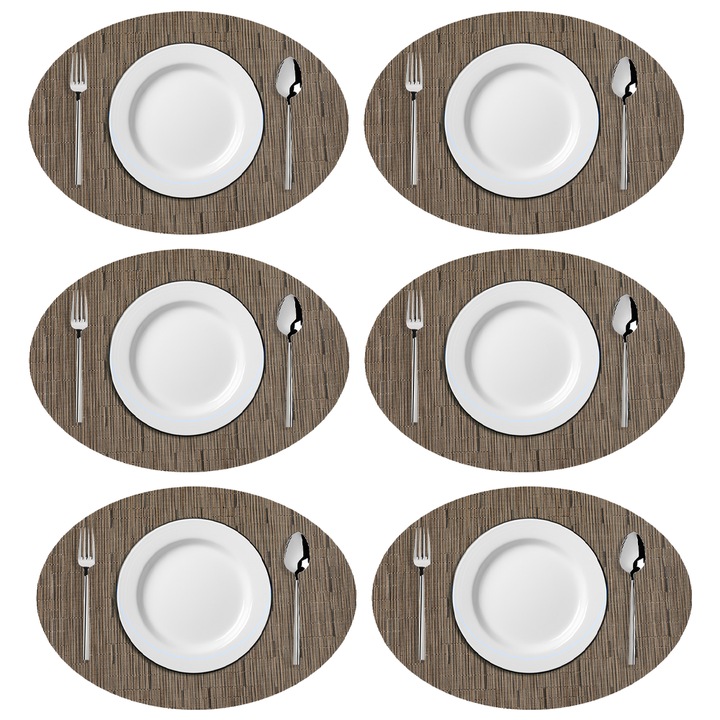 Naproane din vinil rezistent la caldura, oval, imitatie bambus, set 6, usor de curatat, gri