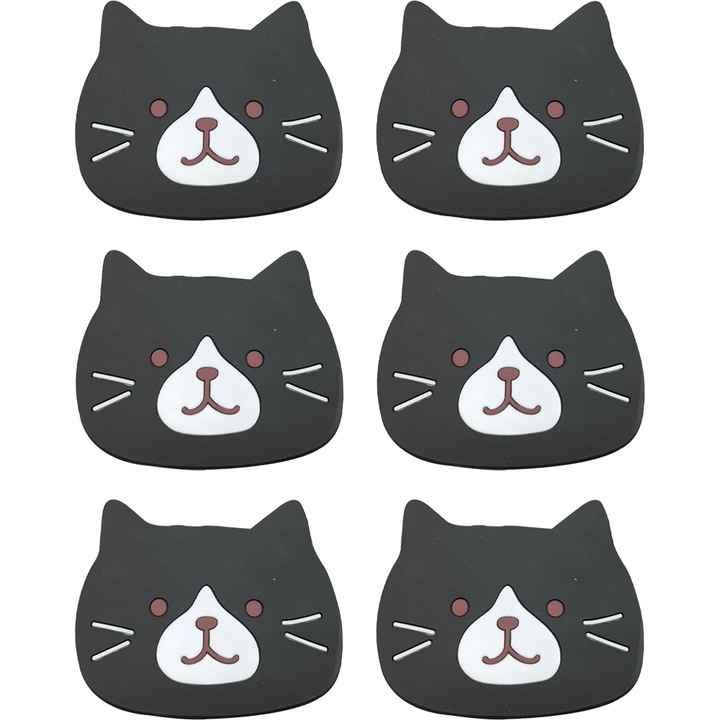 Set suporturi bauturi din silicon cu fete de pisica, 10x10.5cm, rezistente la caldura, absorbante, 6 bucati