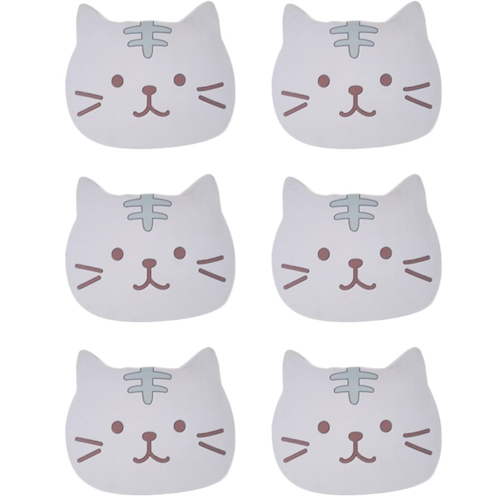 Szilikon poháralátét szett macskafejjel, 10x10.5cm, hőálló, nedvszívó, 6 darab