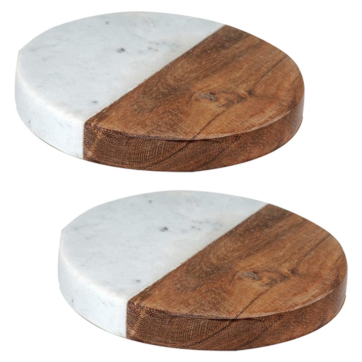 Set 2 Suporturi pahare, Marmura / Lemn, Antiderapant, Rotund, 10 cm, Alb / Maro