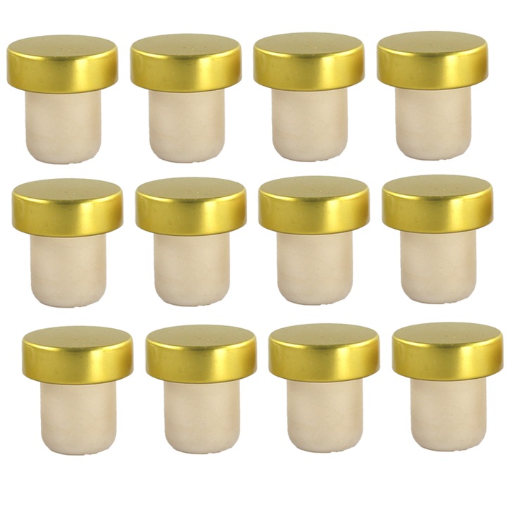 Set 12 dopuri de vin T, din aluminiu si silicon, pentru sticle de 375ml, 500ml, 750ml, aurii