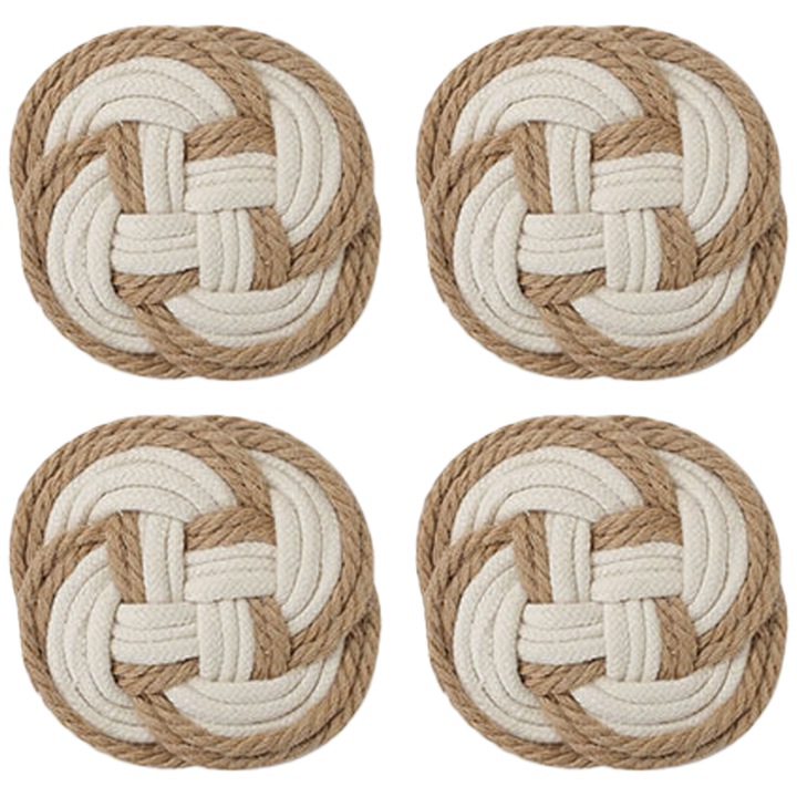 Set suporturi pahare, nod marinaresc, bumbac, 10cm, maro/crem