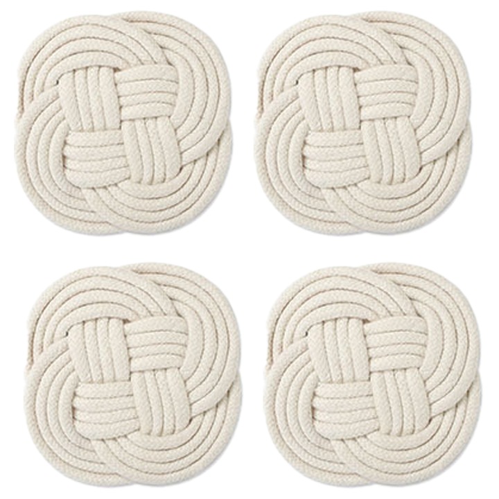 Set 4 suporturi pahare, nod marinaresc, bumbac, crem, 10cm