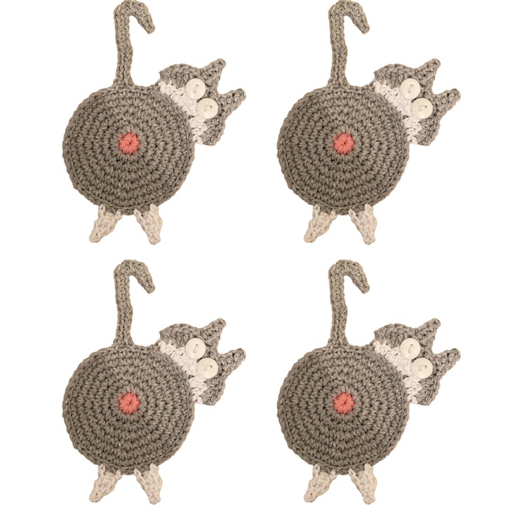 Set Suporturi Bauturi Crosetate, Pisica, Gri Deschis, 4 Buc.