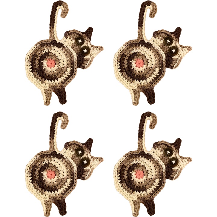 Set de 4 suporturi de bauturi crosetate in forma de fund de pisica, cadou amuzant pentru iubitorii de pisici