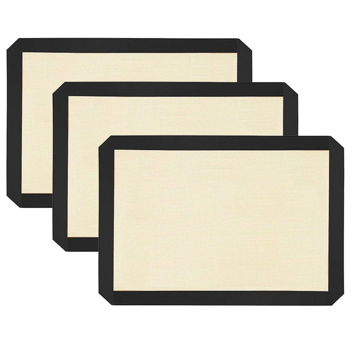 Set 3 covorase de copt din silicon HERUSI, antiaderente, negre, 0.7mm, 40x30cm
