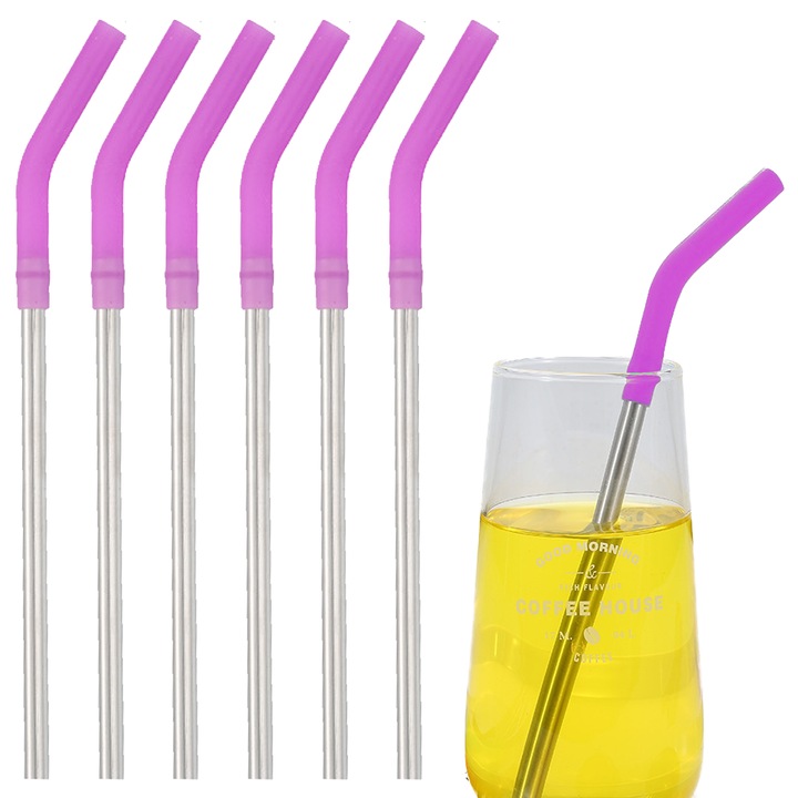 Set 6 paie din inox reutilizabile, antiderapante, mov