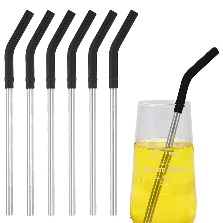 Set de 6 paie metalice reutilizabile din otel inoxidabil cu capete din silicon, ecologice, 18/8, usor de curatat