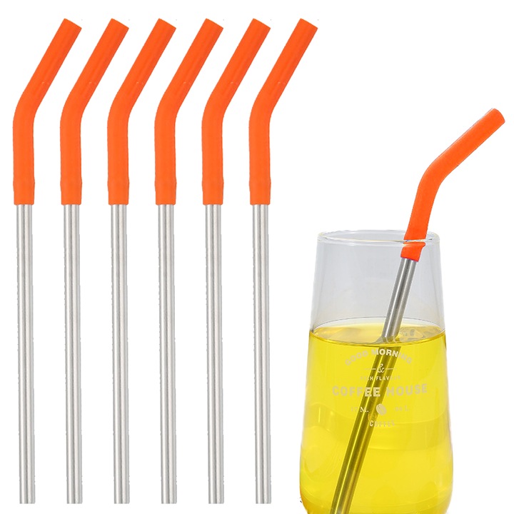 Set de 6 paie reutilizabile Cozevdnt din inox cu capete din silicon, portocaliu