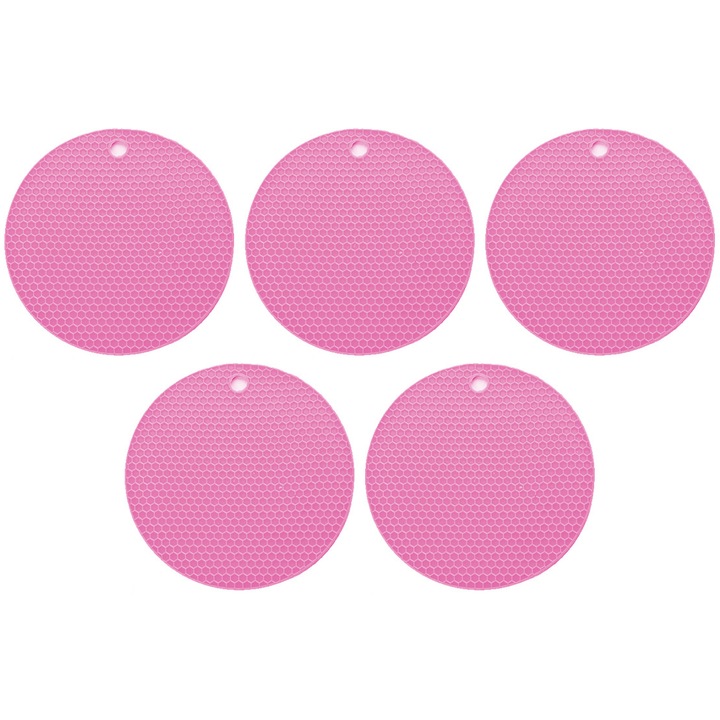 Set 5 suporturi de bucatarie, multifunctionale, silicon, design fagure, rezistente la caldura, roz