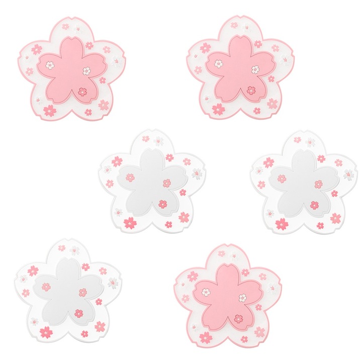 Set 6 Suporturi Bauturi, PVC, Design Sakura, Antiderapant, Rezistent la Caldura, 11.5 x 11.5 cm, Alb / Roz