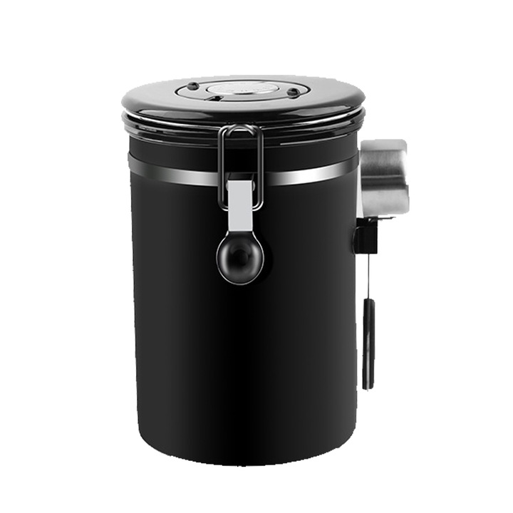 Recipient ermetic pentru cafea, fereastra transparenta, urmarire data, inox, negru, 1800ml