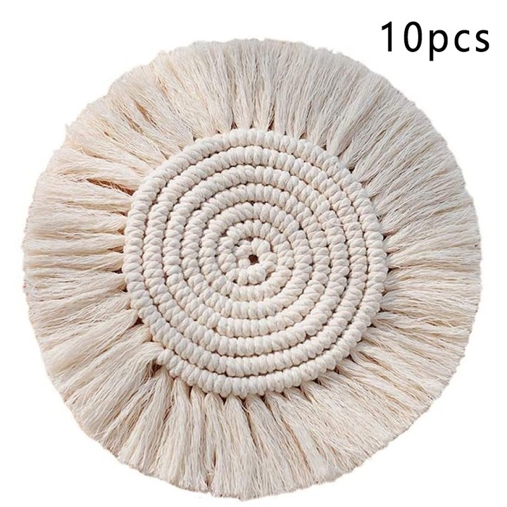 Set 10 suporturi pahar rotunde, bumbac, 18cm, bej