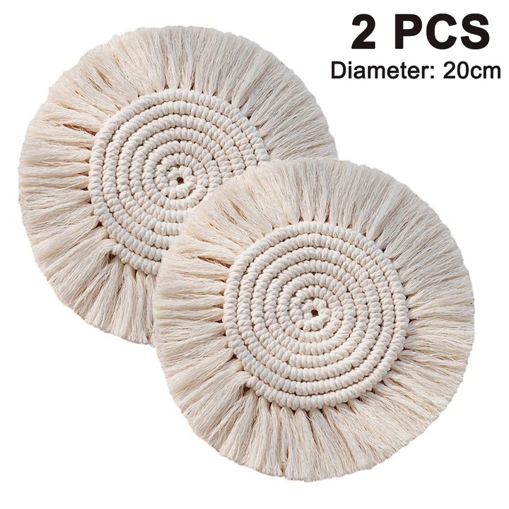 2 darab fonott pamut poháralátét, kerek, hőálló, bojtos, irodai és otthoni használatra