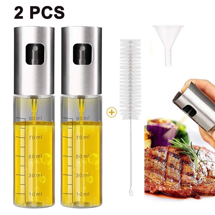 Set 2 recipiente de pulverizat ulei, QttvbTna, inox si sticla, 100ml, cu perie silicon si curatare, palnie, 4x18cm