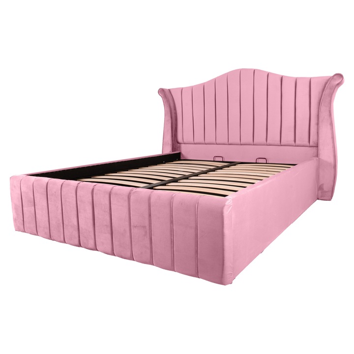 Pat dublu tapitat Houston line 140/200 roz, cu somiera metalica rabatabila si spatiu de depozitare