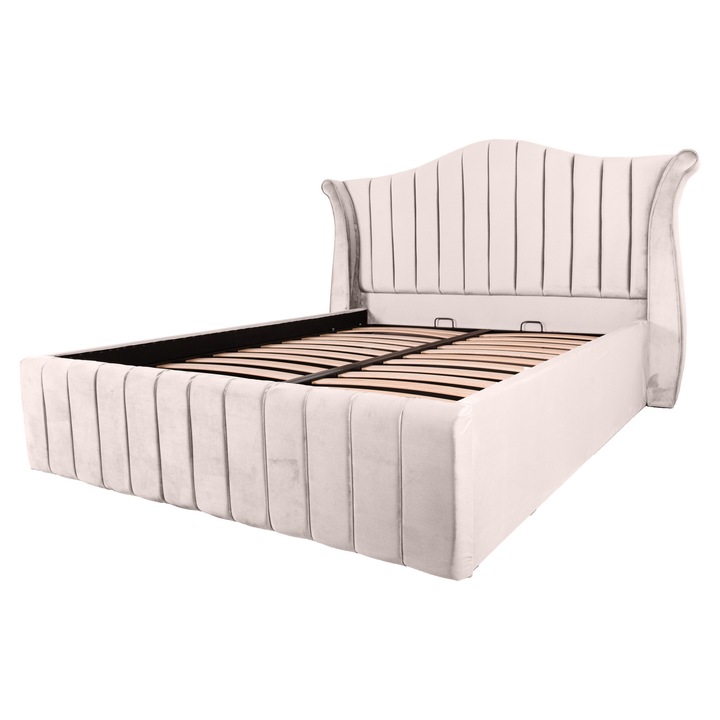 Pat dublu tapitat Houston line 180/200 crem, cu somiera metalica rabatabila si spatiu de depozitare