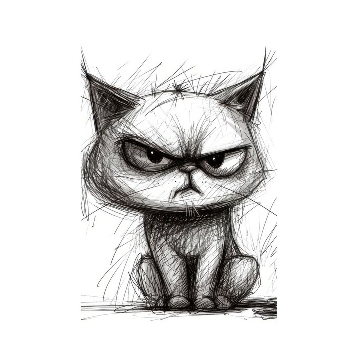 Tablou cu pisica, Pisica Suparata, Tablou cu pisica suparata In stil desen 50x70 cm