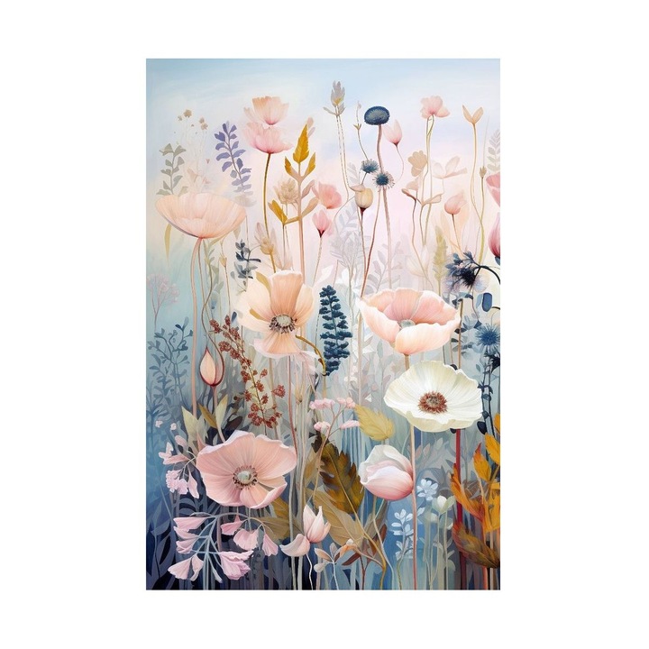 Tablou flori, Gradina cu Floare Roz, Tablou cu gradina cu flori roz 60x90 cm