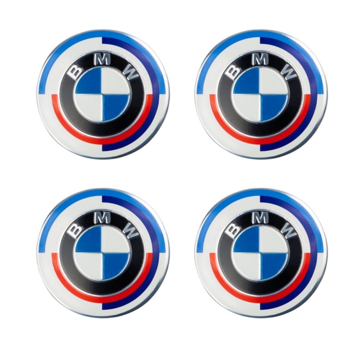 Комплект от 4 капачки, издание за 50-та годишнина, за централен отвор, за BMW Серии 1, 3, 5, 6, 7, X3, X5, X6 лети джанти, външен диаметър 68 mm
