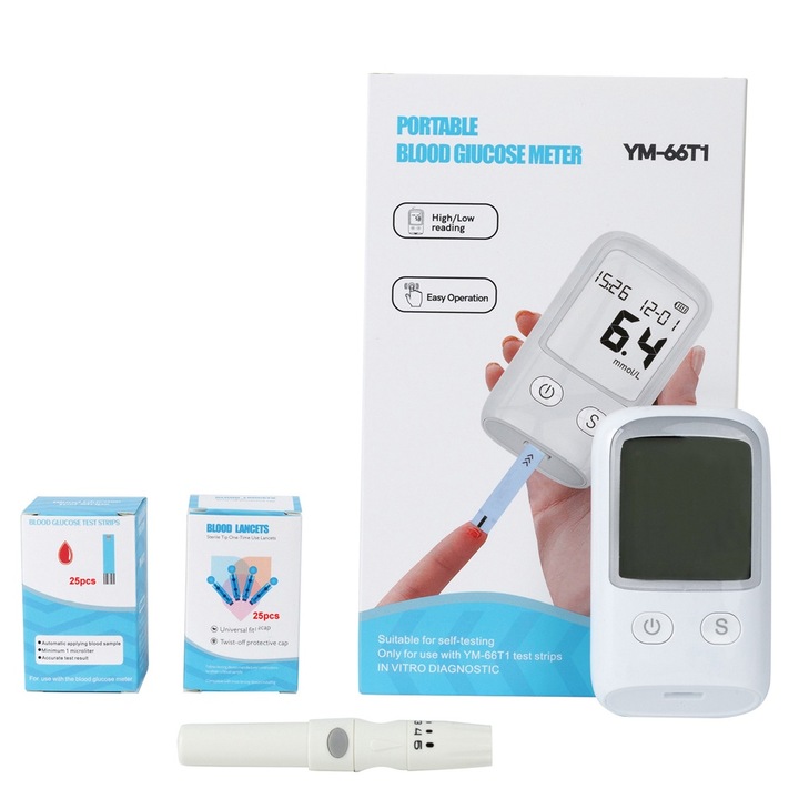 Glucometru portabil pentru monitorizarea glicemiei, Chigoods, masoara nivelul zaharului din sange, ofera rezultate rapide si precise, ecran generos, practic, usor de folosit, include 25 de benzi de testare, 25 de ace