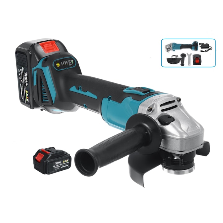 Polizor unghiular fara fir, GOSTOCK®, 4 Viteze, 8500 RPM, 125 mm, 1 acumulator, Incarcator, Motor fara perii, Protectie suprasarcina, Aparatoare rapida, Negru/Albastru