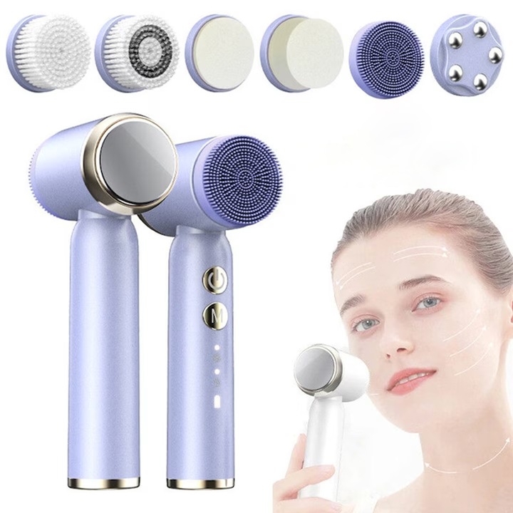 Perie de curatare faciala si intretinerea pielii 6 in 1, 6 Capete incluse, 3 Trepte de Viteza, Cu Vibratii, Cablu USB, Violet